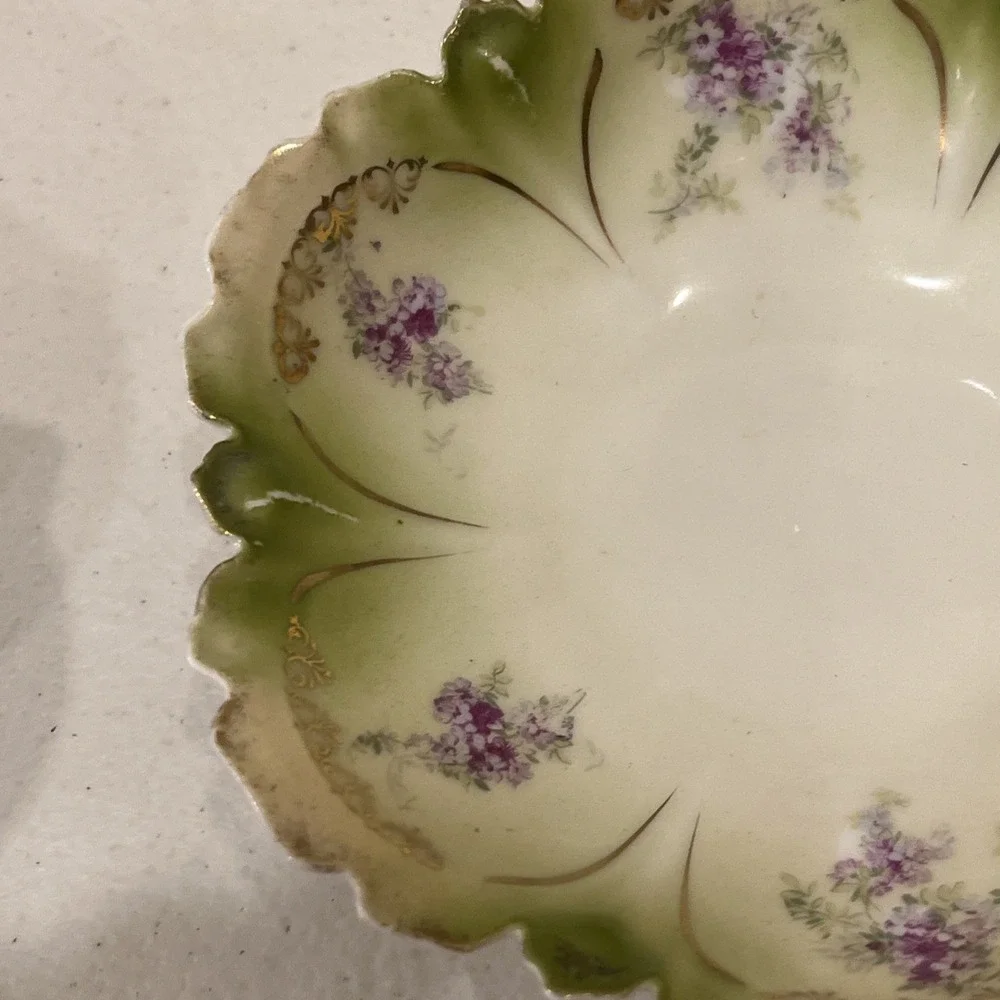 Vintage Porcelain RS Prussia  Berry Bowl Green, Pink Gold Trim 5